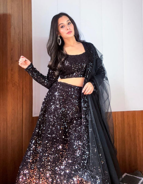 Load image into Gallery viewer, Women&#39;s Black Party wear Sequence Lehenga Choli Dupatta
