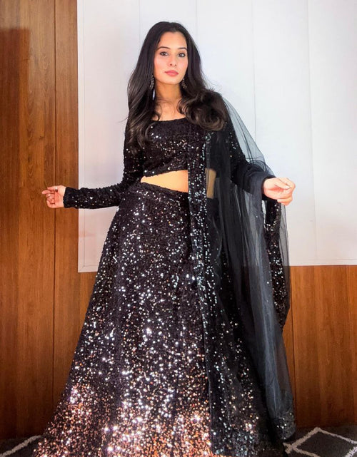 Load image into Gallery viewer, Women&#39;s Black Party wear Sequence Lehenga Choli Dupatta
