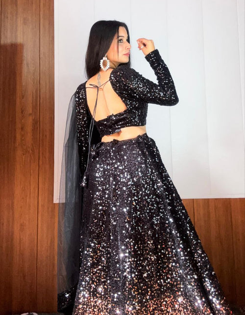 Load image into Gallery viewer, Women&#39;s Black Party wear Sequence Lehenga Choli Dupatta
