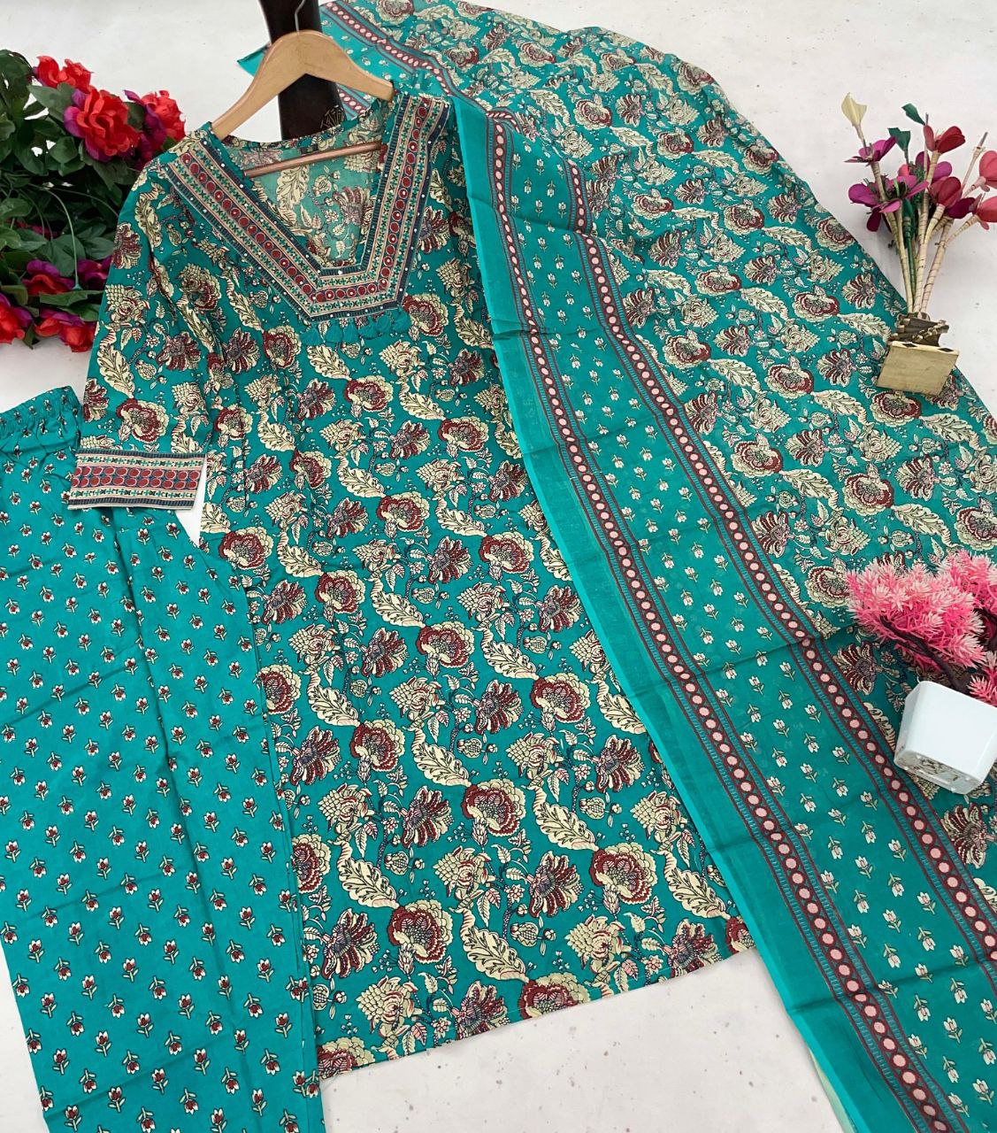 Women's Cotton Straight Kurta Pant with Dupatta Set