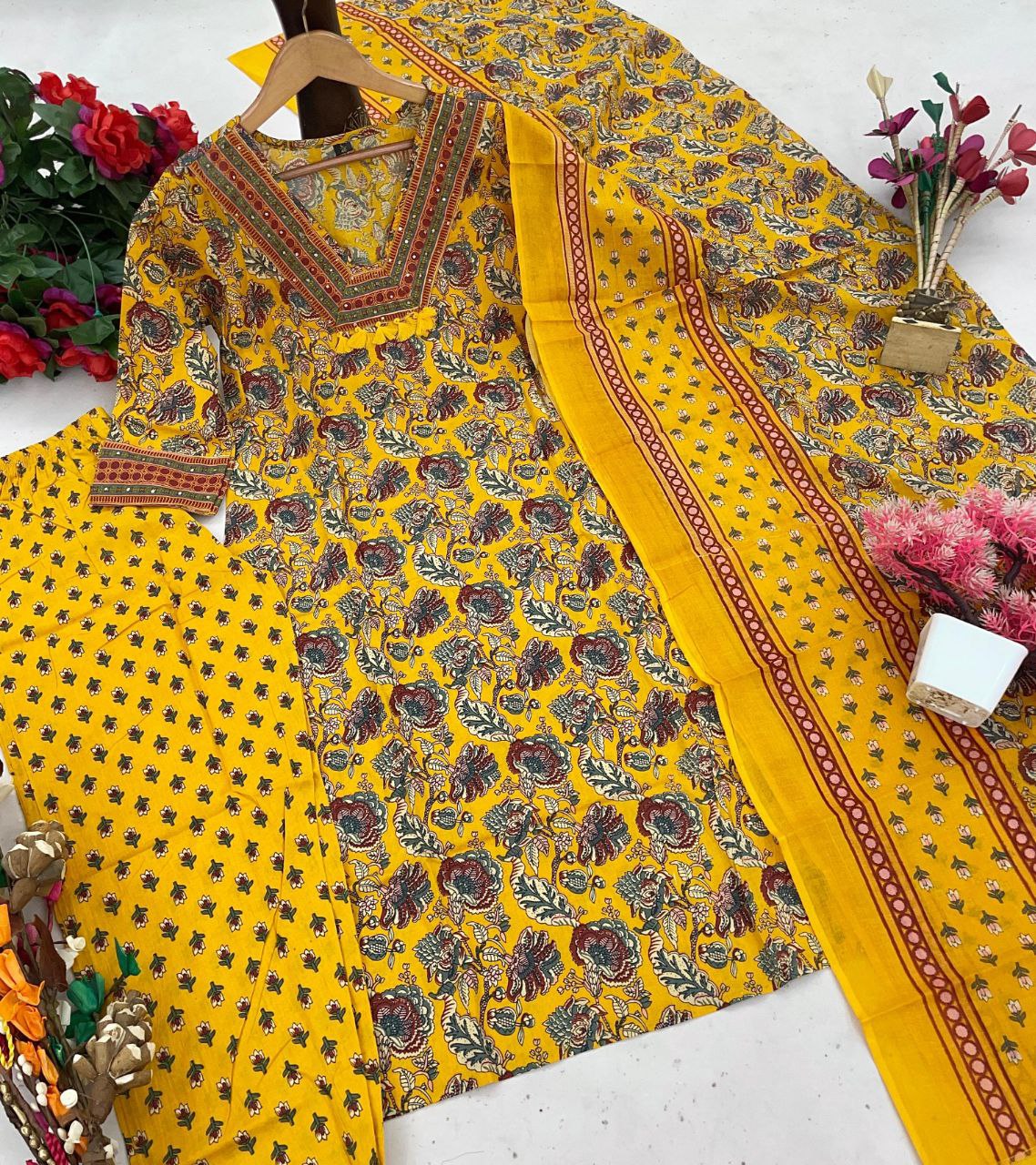 Women's Cotton Straight Kurta Pant with Dupatta Set