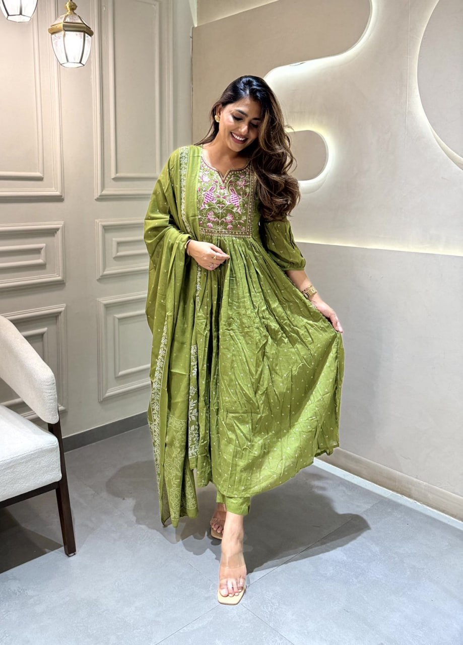 Designer Cotton Green Women's Kurta Pant with Dupatta Set