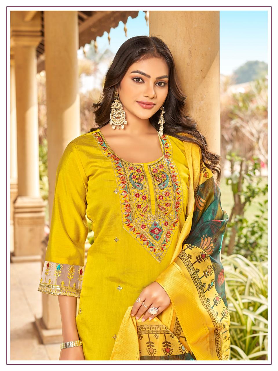 Designer Party wear Yellow Embroidery Women's Kurta Pant with Dupatta Suit