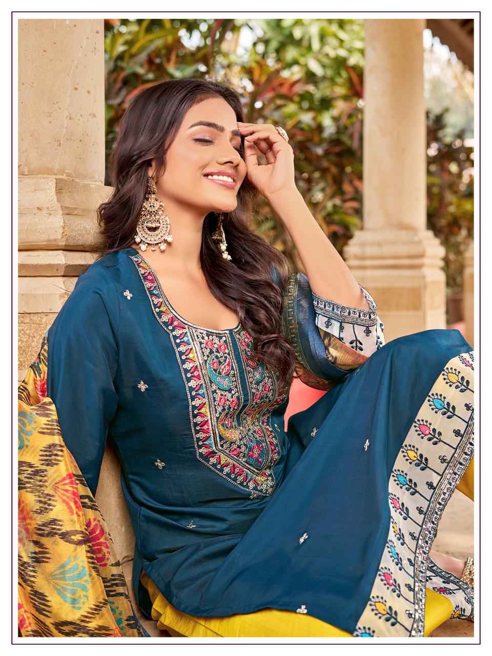 Designer Party wear Blue Embroidery Women's Kurta Pant with Dupatta Suit