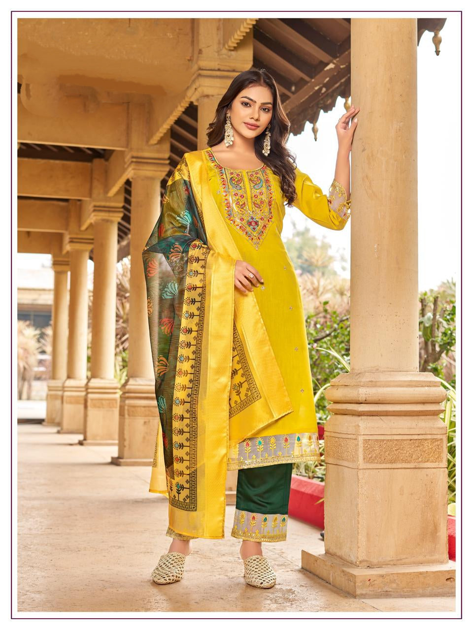 Designer Party wear Yellow Embroidery Women's Kurta Pant with Dupatta Suit