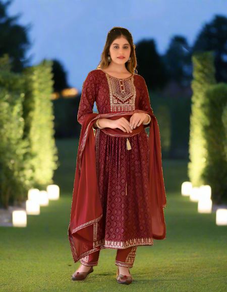 Women's Maroon Naira Cut Kurta Suit - mahezon