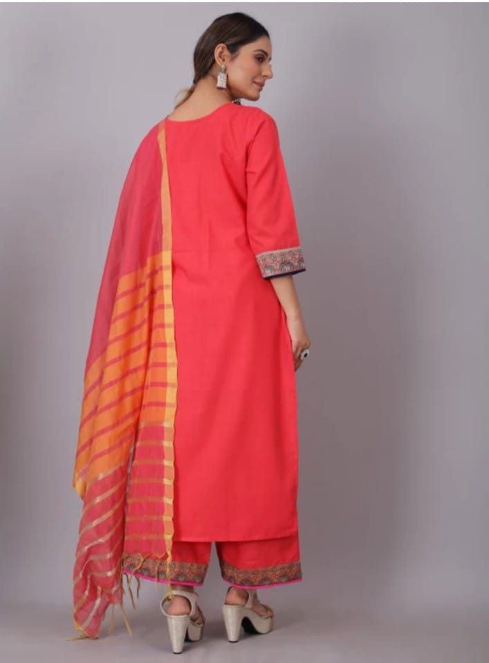 Ethnic Cotton Traditional Straight Pink Women's Kurti Pant with Dupatta