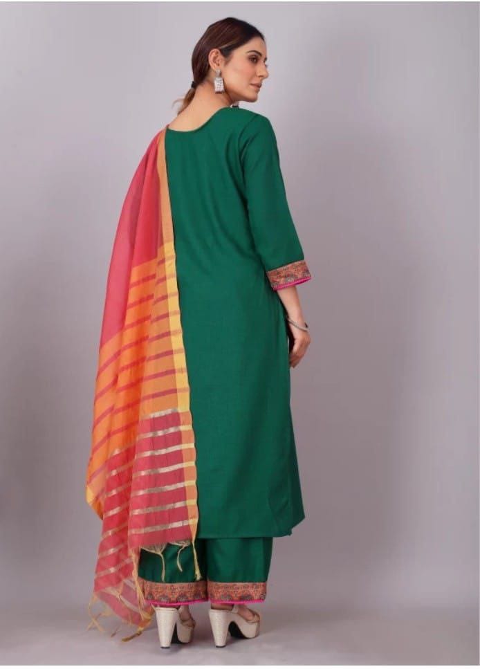 Ethnic Cotton Green Traditional Straight Women's Kurti Pant with Dupatta