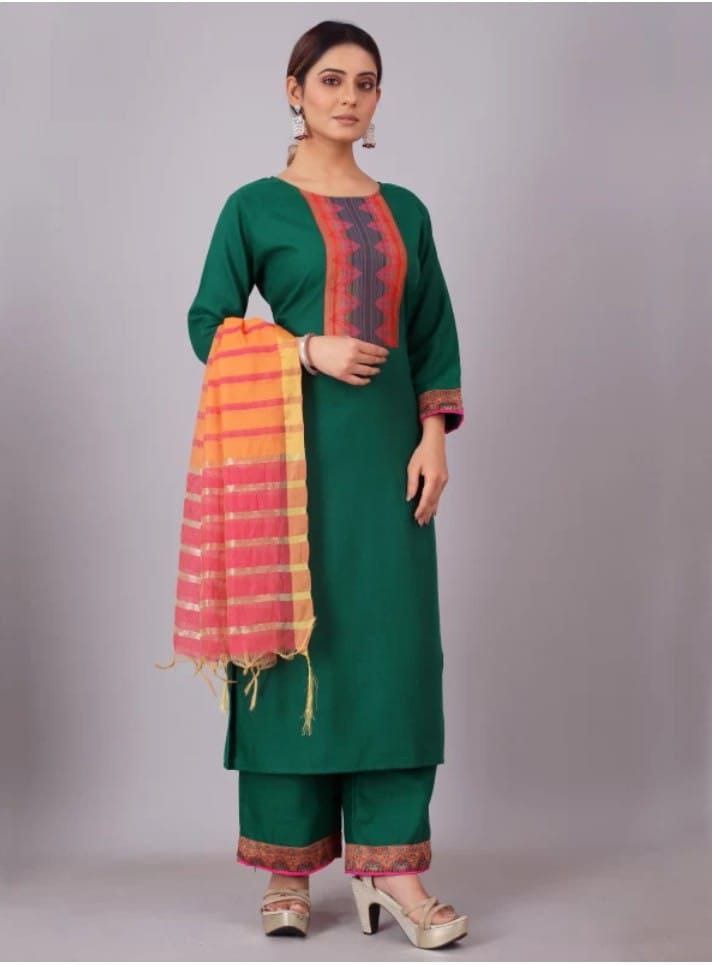 Ethnic Cotton Green Traditional Straight Women's Kurti Pant with Dupatta