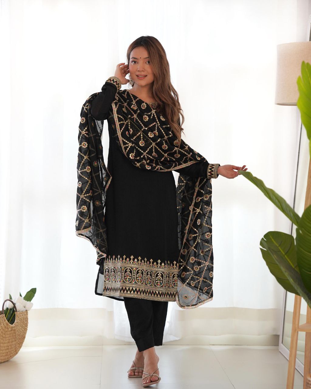 Ethnic Traditional Indian Black Women's Kurta Pant with Dupatta Suit
