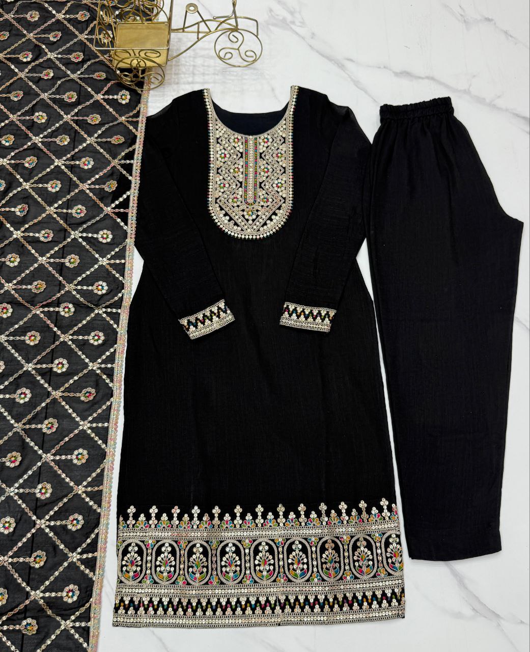 Ethnic Traditional Indian Black Women's Kurta Pant with Dupatta Suit