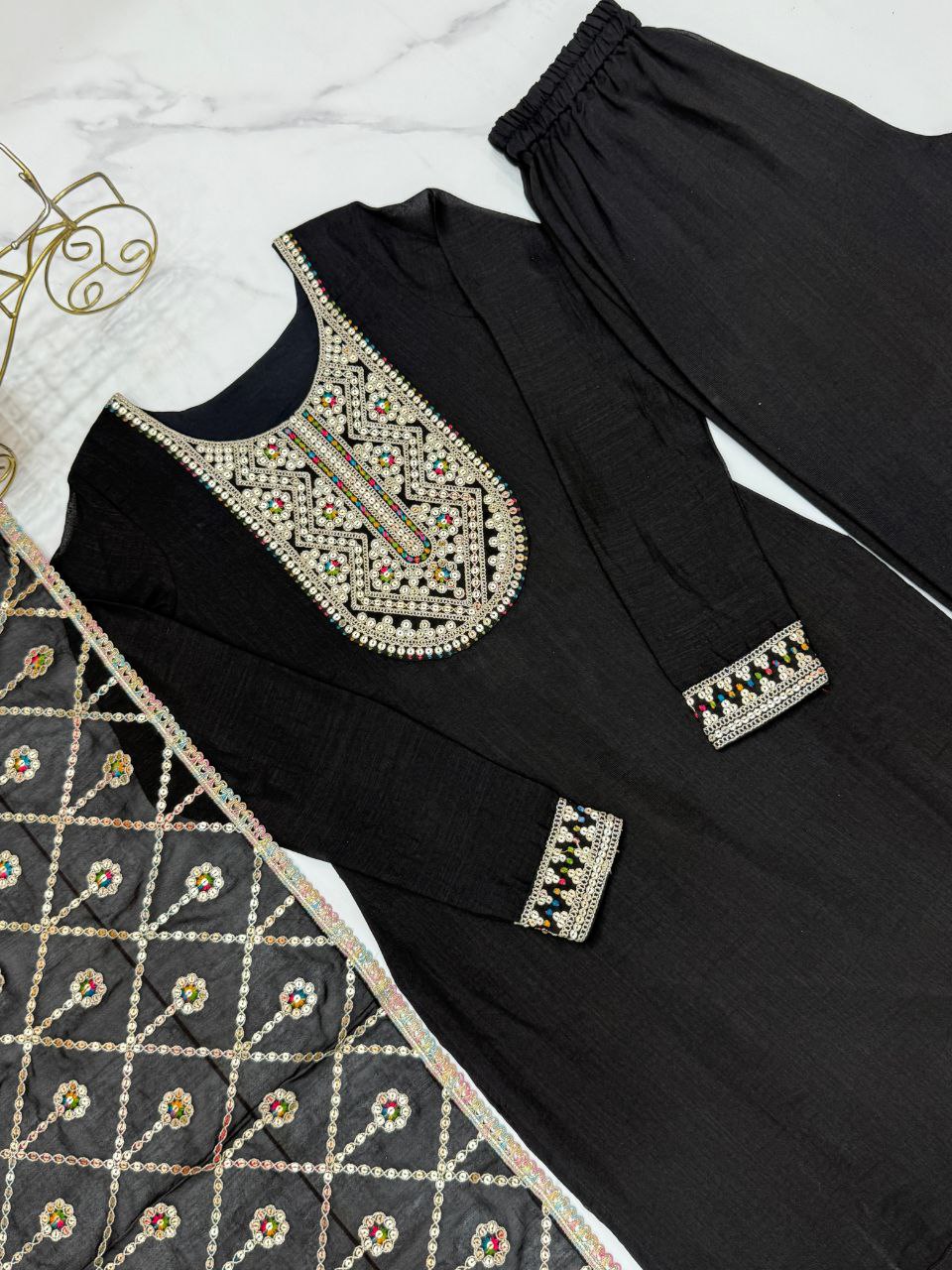 Ethnic Traditional Indian Black Women's Kurta Pant with Dupatta Suit