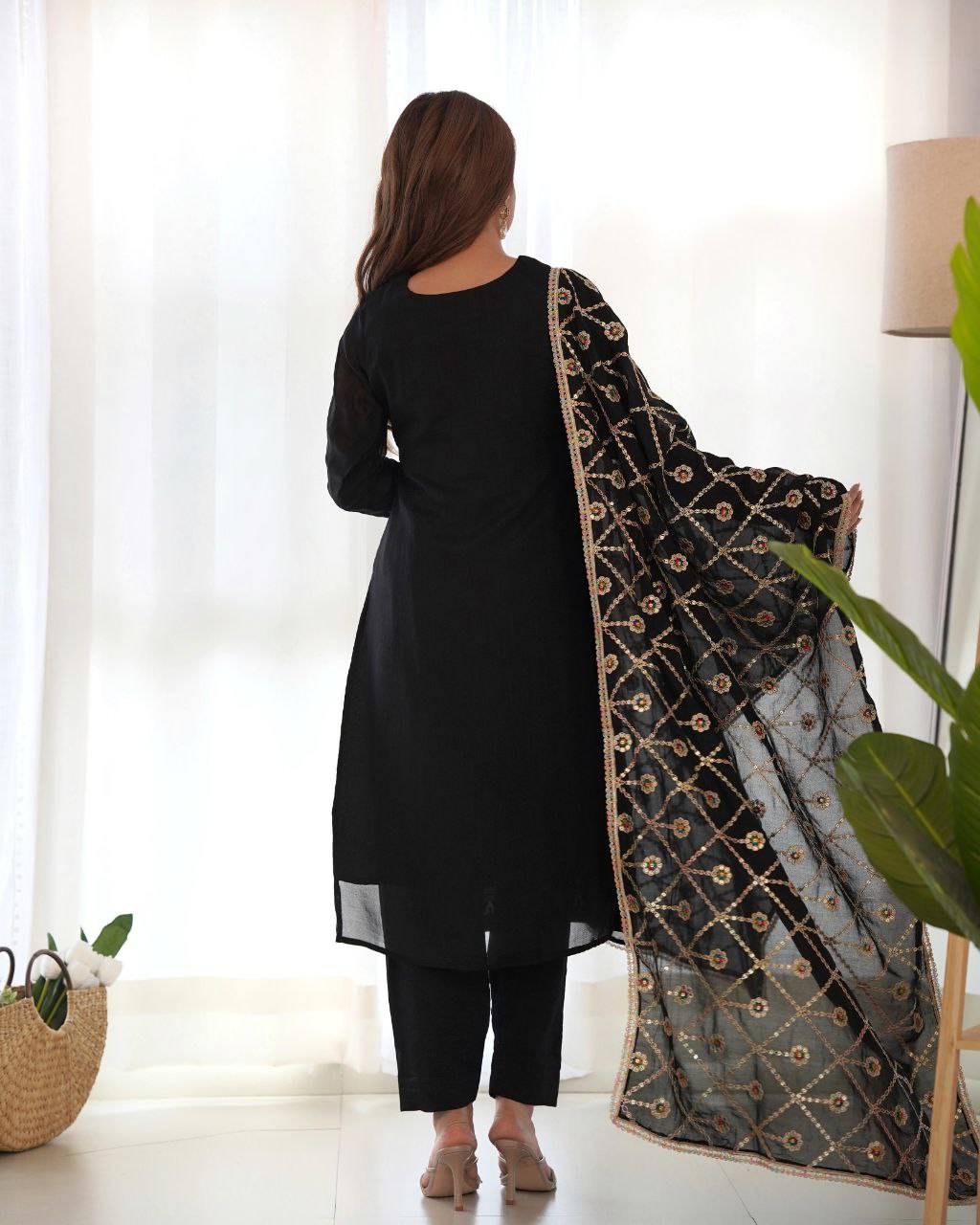 Ethnic Traditional Indian Black Women's Kurta Pant with Dupatta Suit