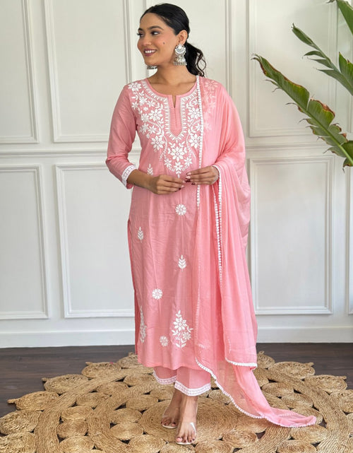 Load image into Gallery viewer, Cotton Pink Women&#39;s Kurta Pant set with Dupatta
