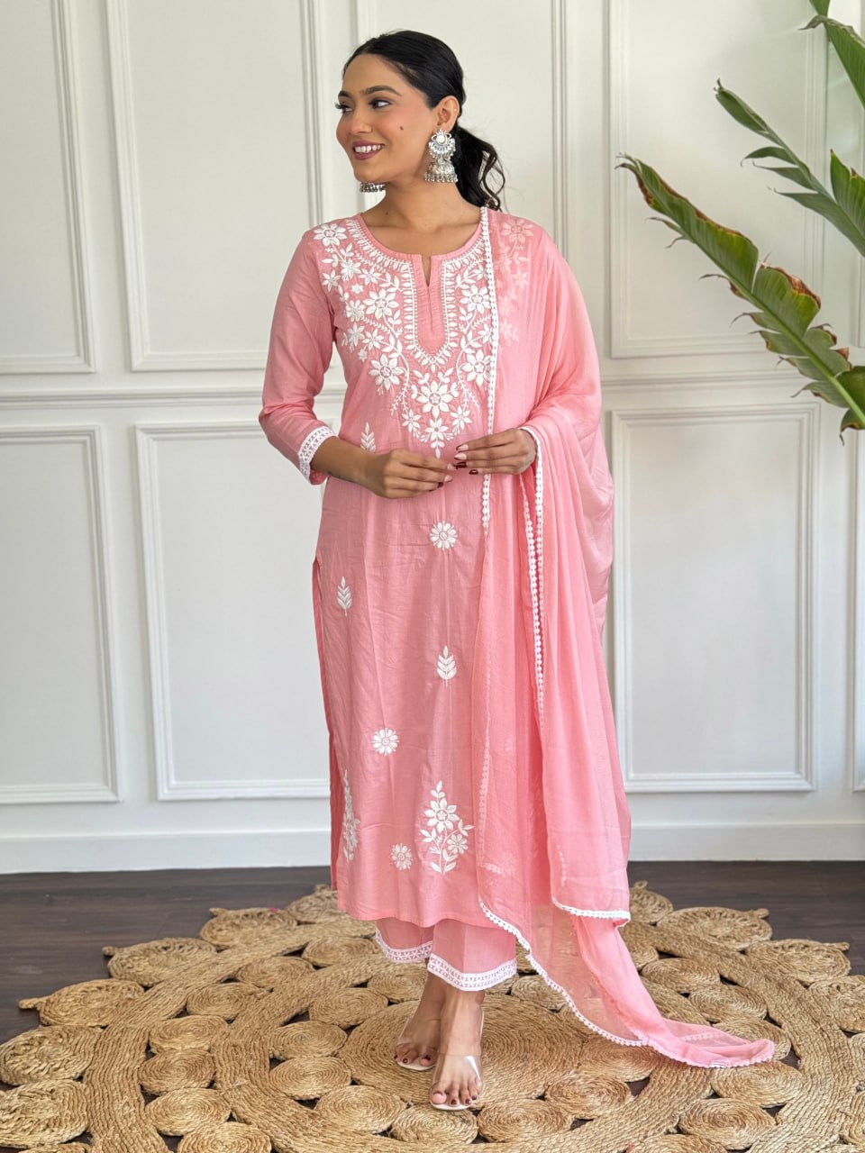 Cotton Pink Women's Kurta Pant set with Dupatta