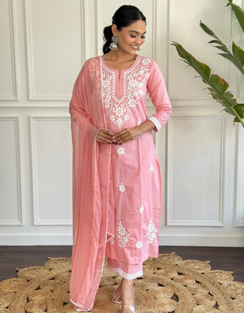 Load image into Gallery viewer, Cotton Pink Women&#39;s Kurta Pant set with Dupatta
