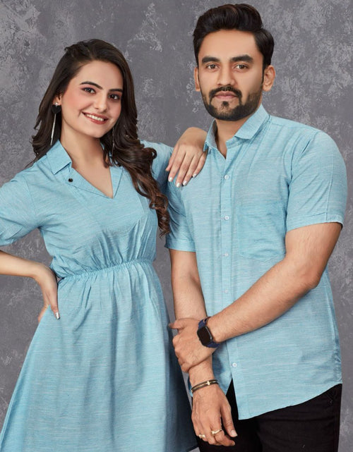 Load image into Gallery viewer, Couple wear Same Matching Blue Men Shirt and Women&#39;s Tunic Set mahezon
