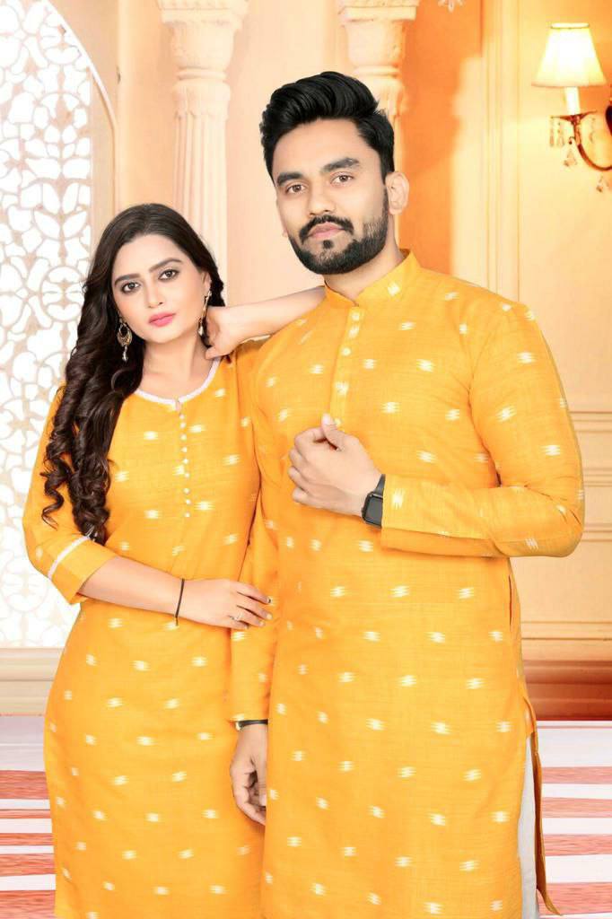 Couple wear Yellow Indian Traditional Same Matching Outfits mahezon