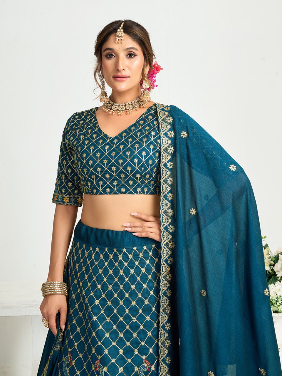 Blue Crunchy Silk Ethnic Traditional Indian Couple Wear Same Matching Men Kurta Women Lehenga Blouse Dupatta for Weddings mahezon