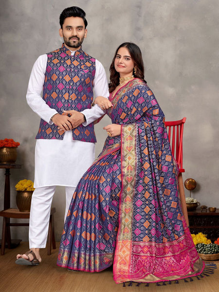 Best Couple wear Traditional Indian Indian Men Kurta Pajama Koti and Women Saree mahezon