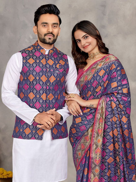 Best Couple wear Traditional Indian Indian Men Kurta Pajama Koti and Women Saree mahezon