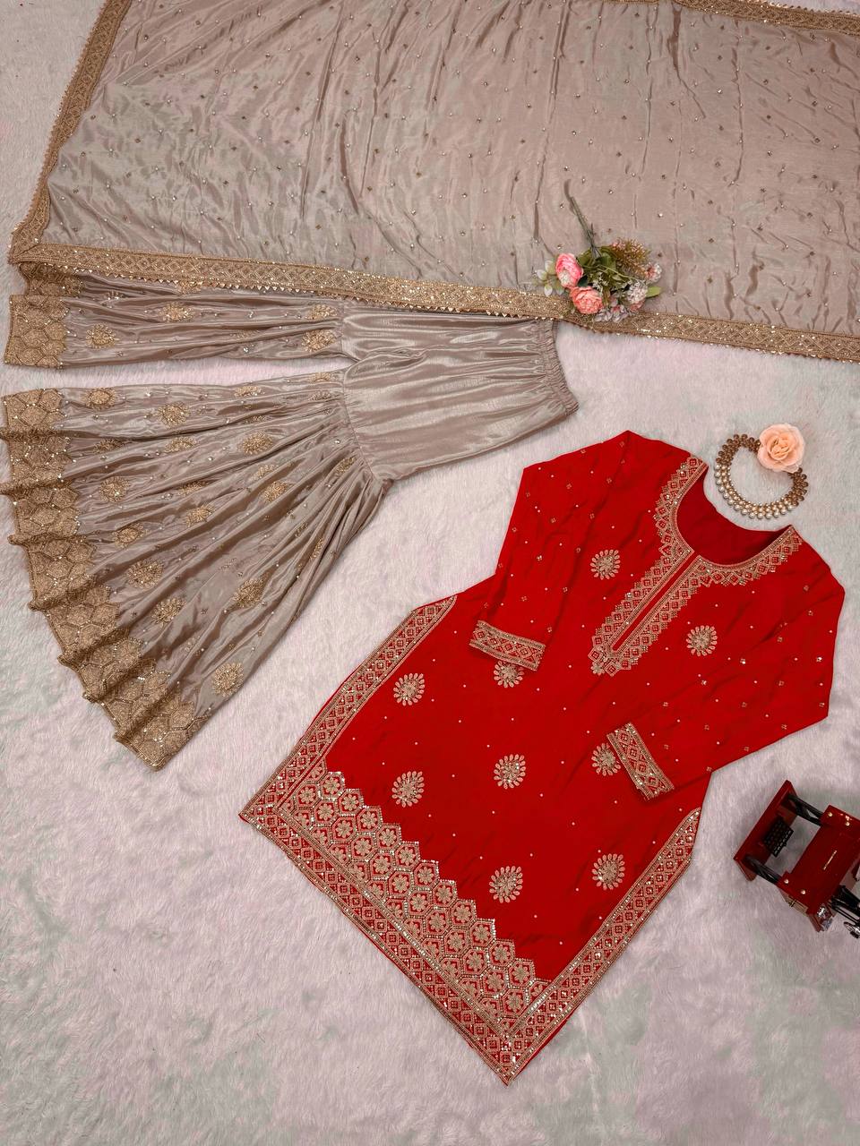 Party Wear Designer Women Top Sharara with Dupatta Suit Dress Royal Export