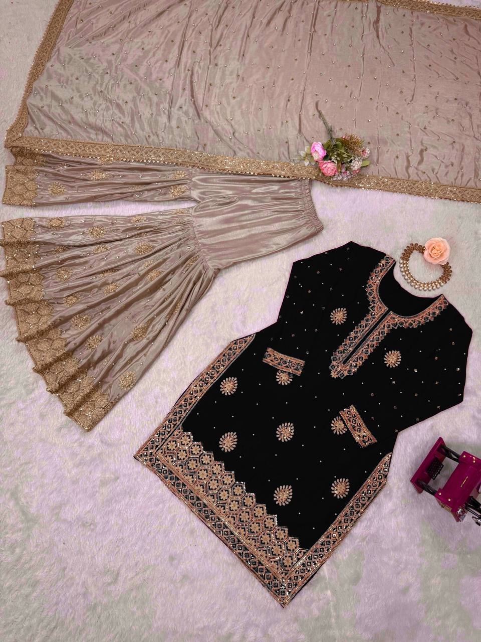 Party Wear Designer Women Top Sharara with Dupatta Suit Dress Royal Export