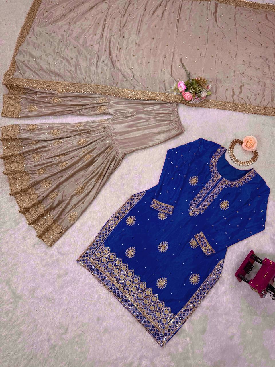 Party Wear Designer Women Top Sharara with Dupatta Suit Dress Royal Export
