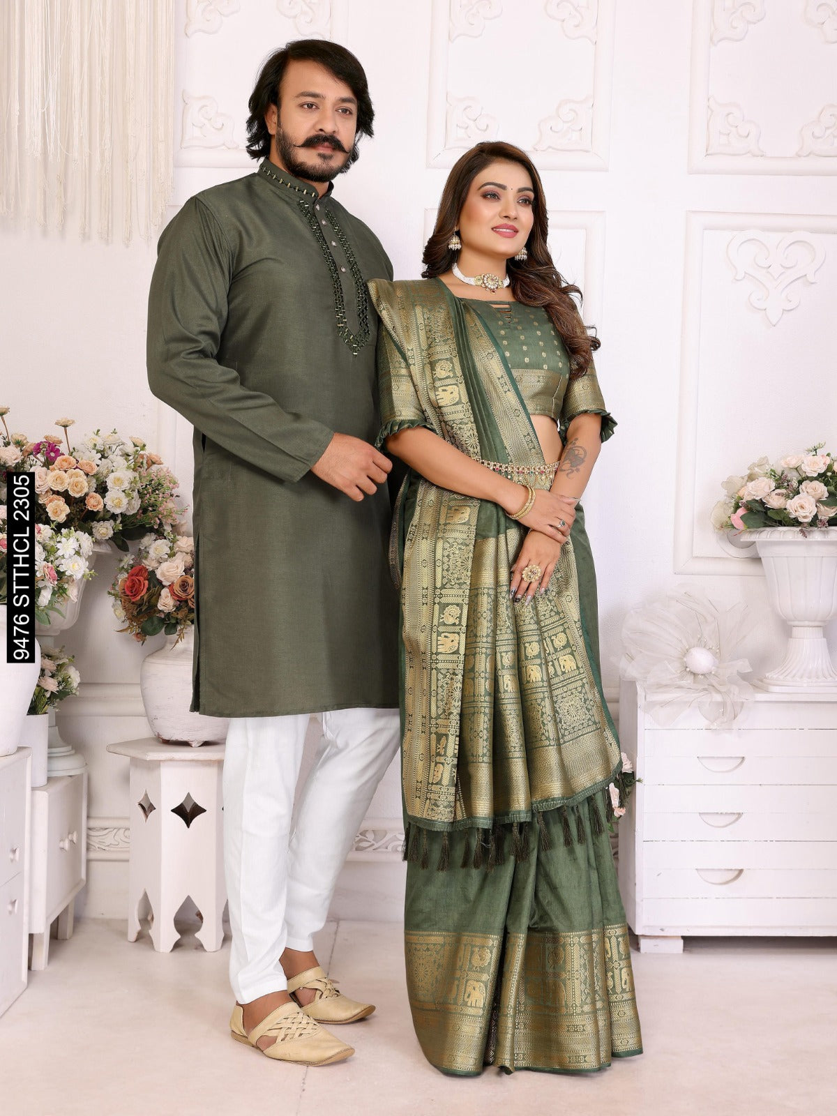 Couple wear Same Matching Men’s Kurta Pajama and Women’s Saree mahezon