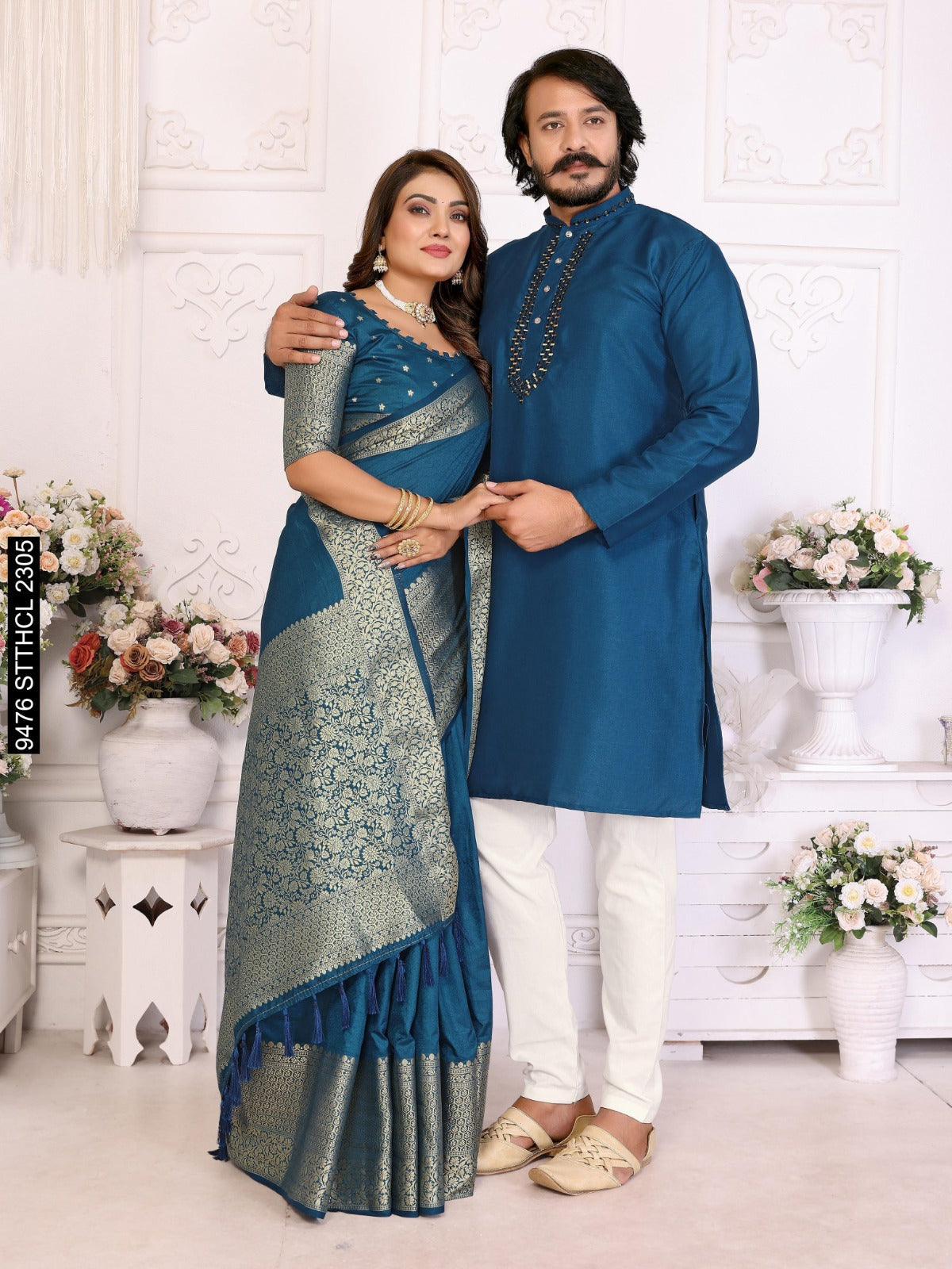 Couple wear Same Matching Men’s Kurta Pajama and Women’s Saree mahezon