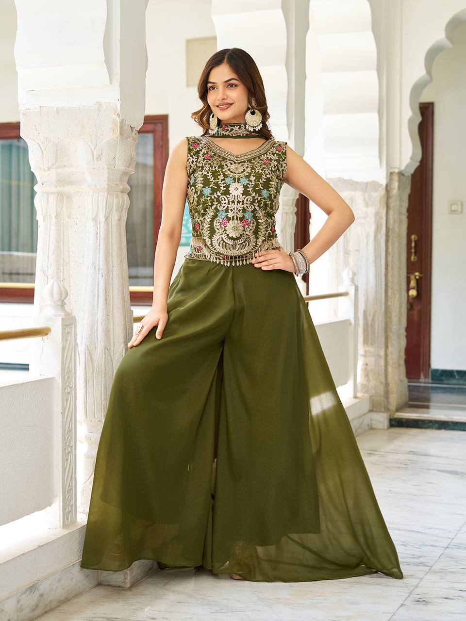 Festive Mehendi Green Women’s Top Palazzo Dupatta mahezon