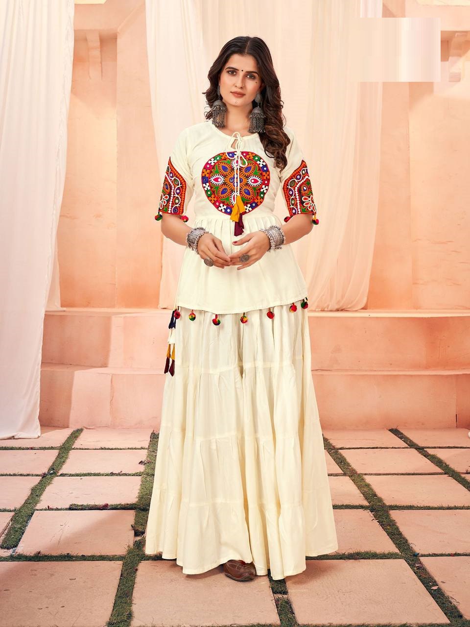 Navratri Women White Top and Skirt Dress mahezon