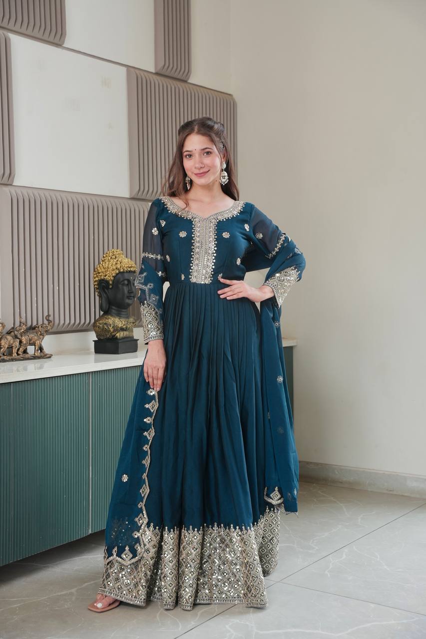 Festive Designer Embroidery  Sequin Women Gown Dupatta Dress mahezon