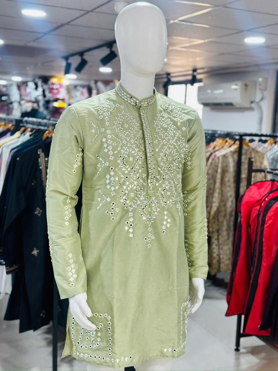 Indian Traditional Silk Embroidery Men’s Short Kurta Pajama Set mahezon