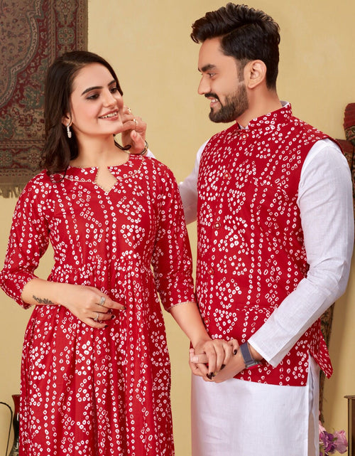 Load image into Gallery viewer, Couple Wear Same Matching Bandhni Print Men Jacket Kurta Pajama and Women Kurti mahezon
