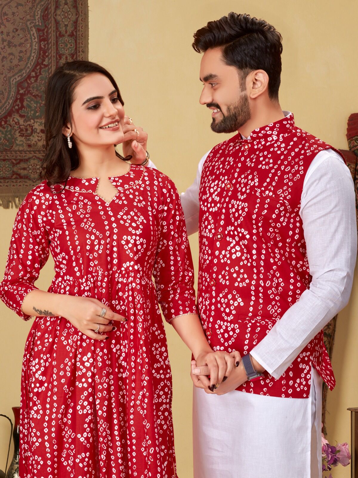Couple Wear Same Matching Bandhni Print Men Jacket Kurta Pajama and Women Kurti mahezon