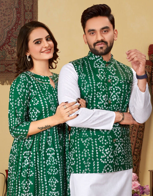 Load image into Gallery viewer, Couple Wear Same Matching Bandhni Print Men Jacket Kurta Pajama and Women Kurti mahezon
