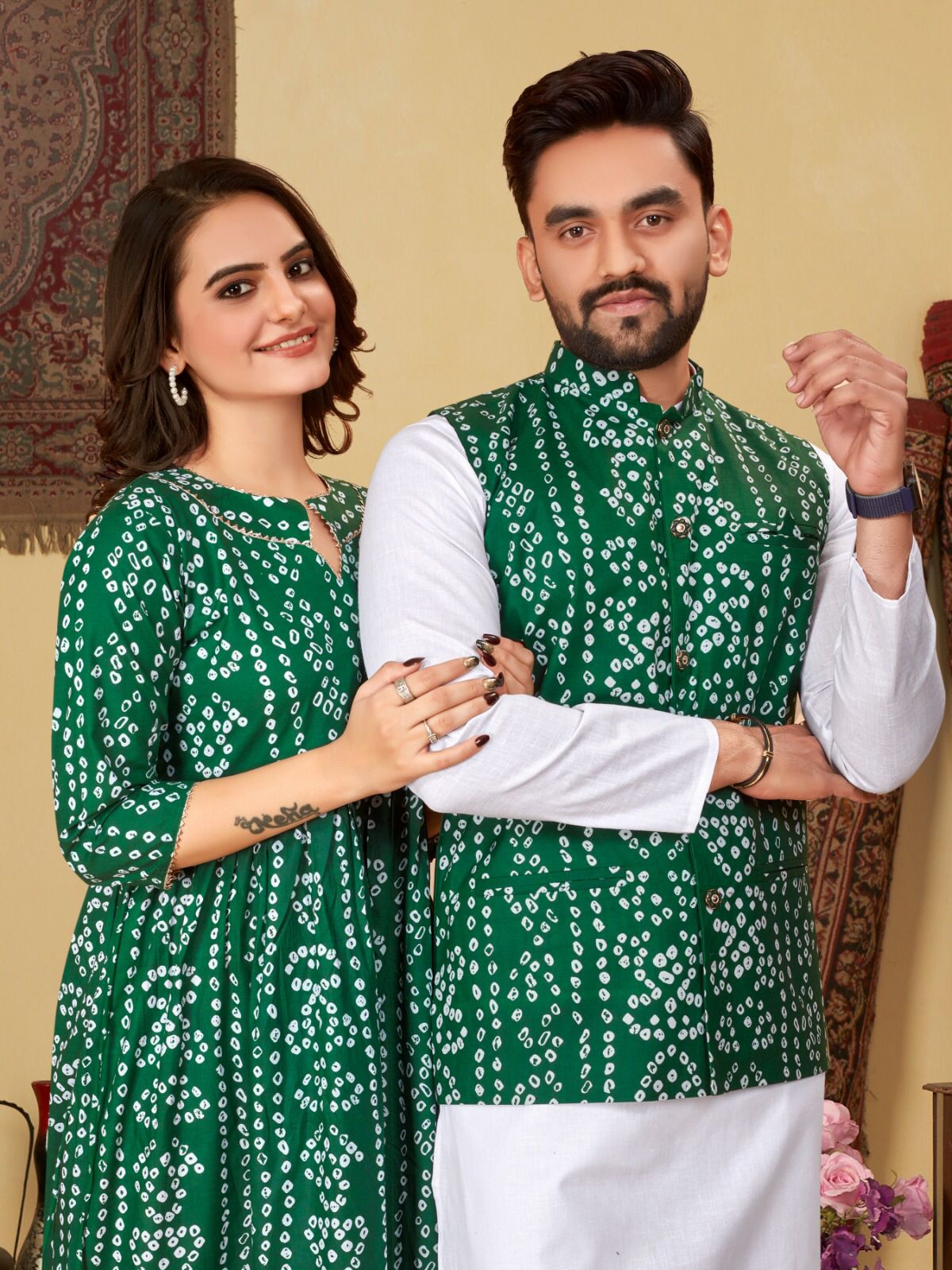 Couple Wear Same Matching Bandhni Print Men Jacket Kurta Pajama and Women Kurti mahezon