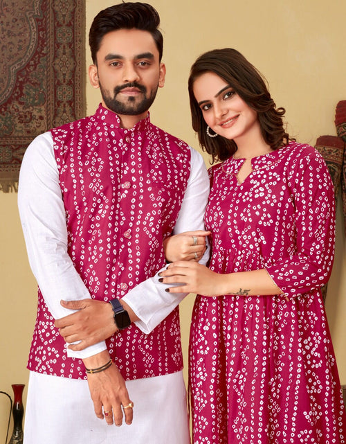 Load image into Gallery viewer, Couple Wear Same Matching Bandhni Print Men Jacket Kurta Pajama and Women Kurti mahezon
