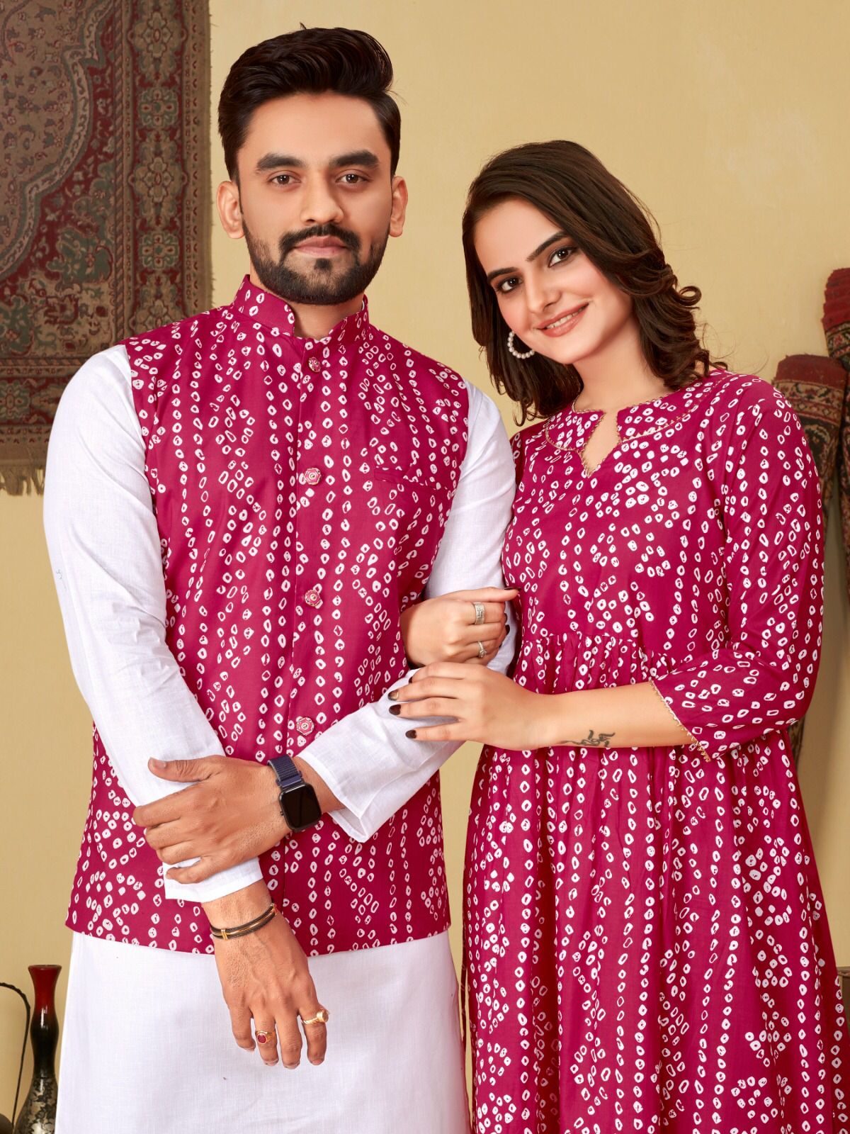 Couple Wear Same Matching Bandhni Print Men Jacket Kurta Pajama and Women Kurti mahezon