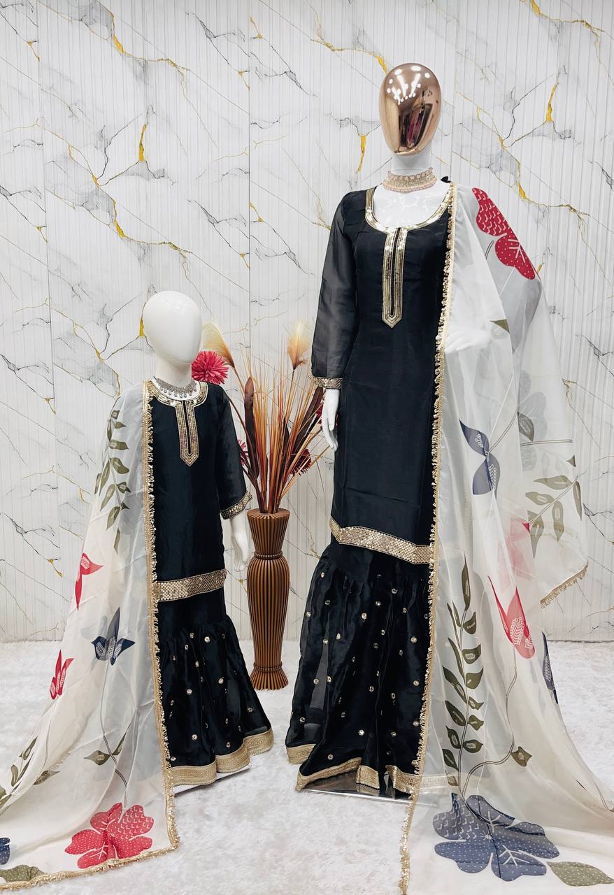 Matching Mother Daughter Ethnic Top Sharara Dupatta Suit Set mahezon