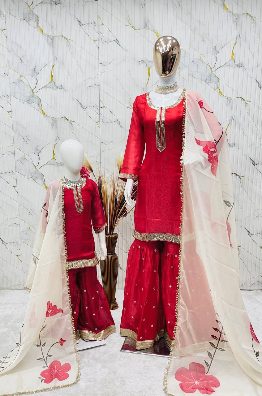 Matching Mother Daughter Ethnic Top Sharara Dupatta Suit Set mahezon