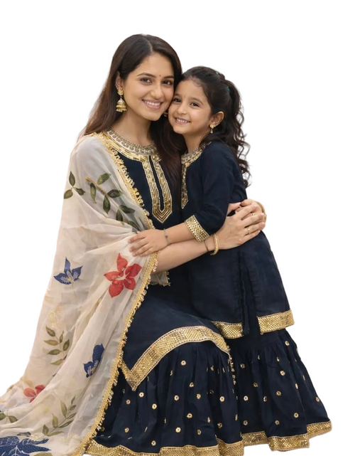 Load image into Gallery viewer, Matching Mother Daughter Ethnic Top Sharara Dupatta Suit Set mahezon
