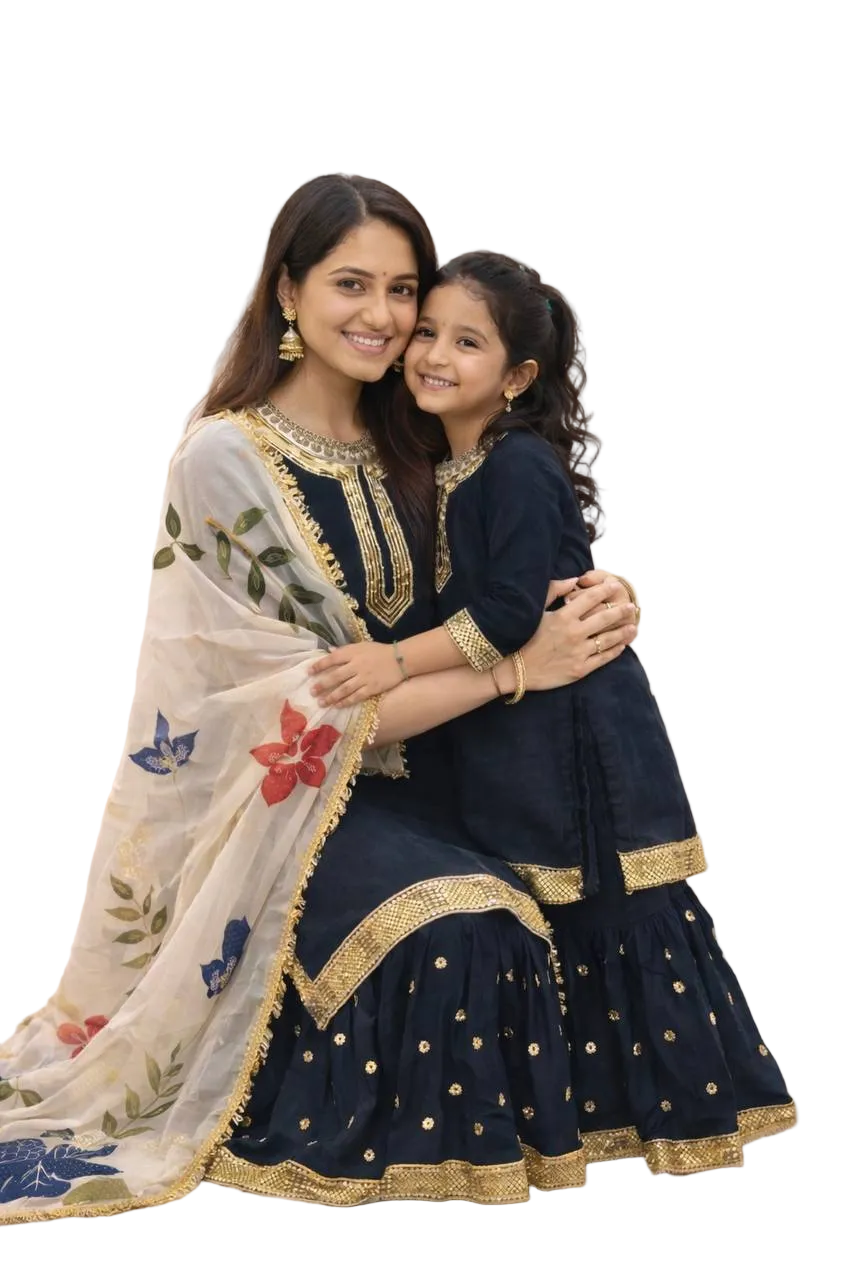 Matching Mother Daughter Ethnic Top Sharara Dupatta Suit Set mahezon