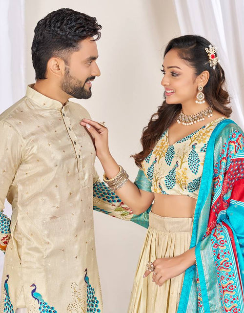 Load image into Gallery viewer, Traditional Couple Wear Same Matching Men Kurta Pajama Women Lehenga Choli Dupatta Outfits mahezon
