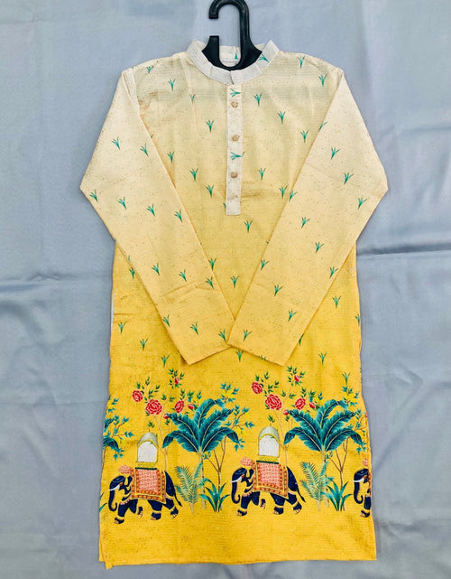 Load image into Gallery viewer, Ethnic Traditional Yellow Men Kurta Pajama with Crochet Sequence work and Digital Print mahezon

