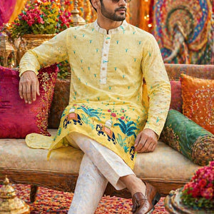 Ethnic Traditional Yellow Men Kurta Pajama with Crochet Sequence work and Digital Print mahezon