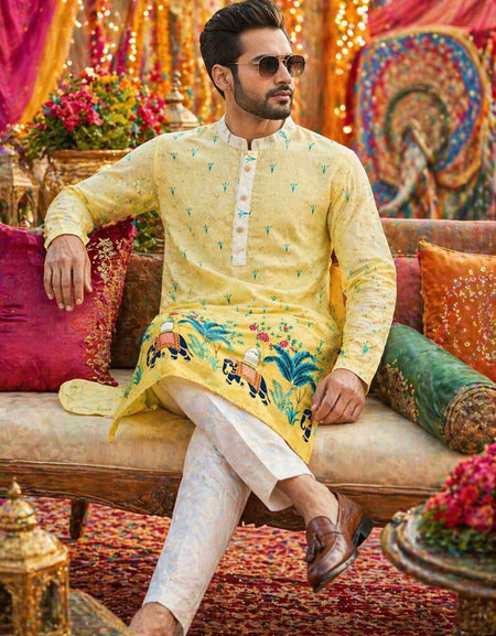 Ethnic Traditional Yellow Men Kurta Pajama with Crochet Sequence work and Digital Print mahezon