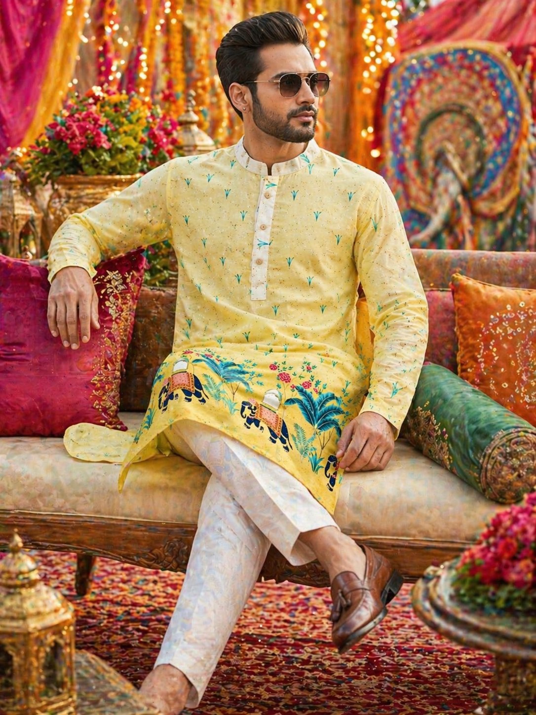 Ethnic Traditional Yellow Men Kurta Pajama with Crochet Sequence work and Digital Print mahezon