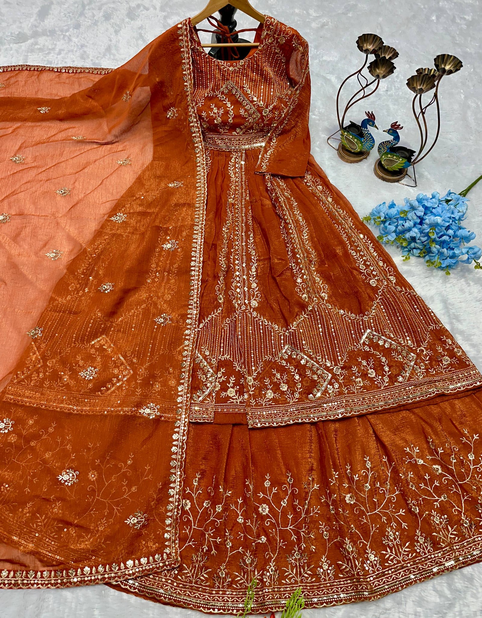 Designer Heavy Crunchi Silk with Embroidery Work Gown Lehenga mahezon